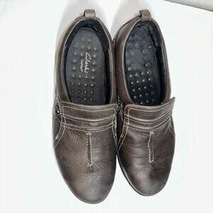 Clarks Wave Comfort Shoes Women's Sz 7.5M Dark Grey Leather Slip On Round Toe